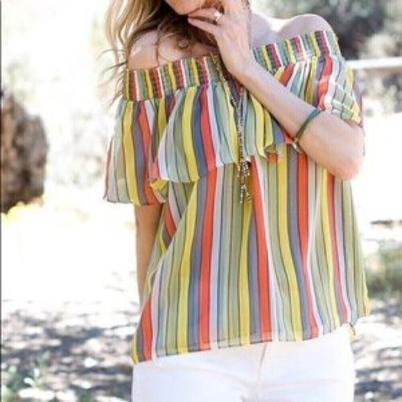 Cabi Striped Off Shoulder Carnival Top Blouse Multicolor Size X-Small - Picture 2 of 10